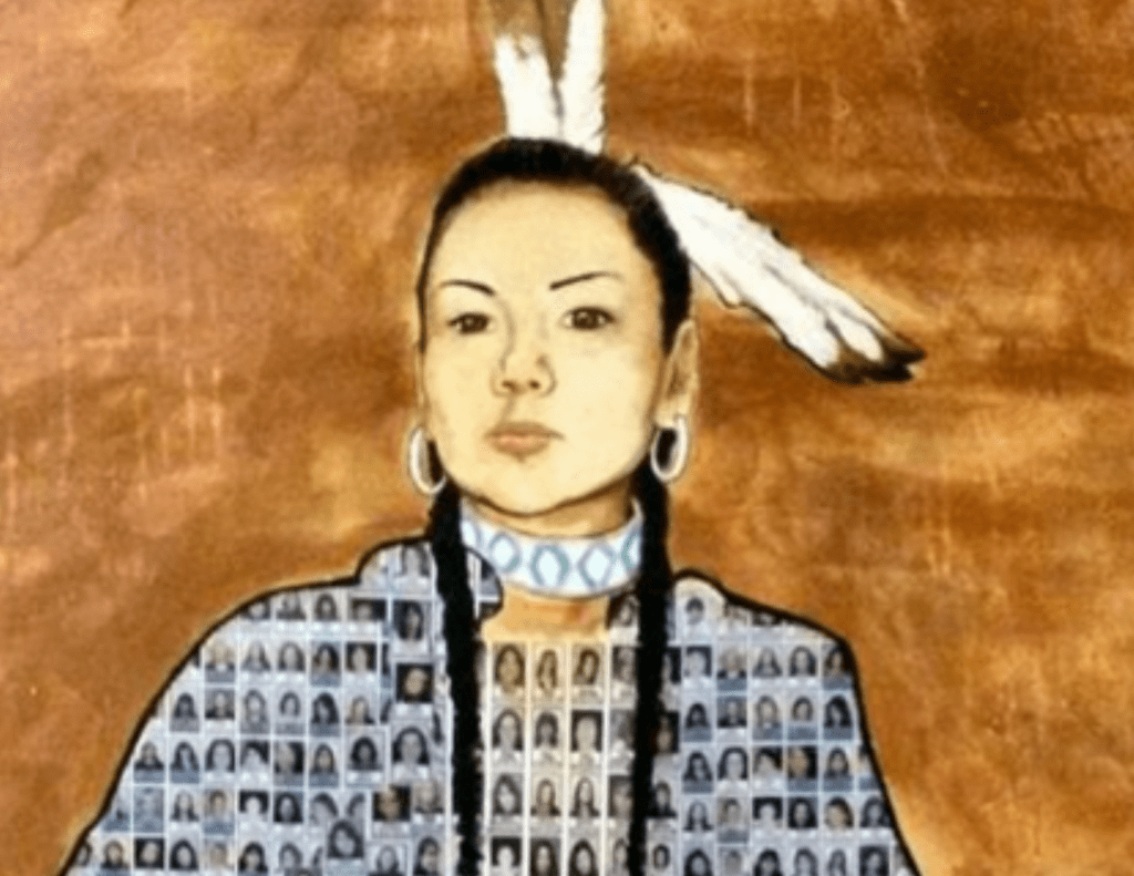 Photos of missing women included in a larger illustration of an indigenous woman, by Jon Labillois, used with permission.