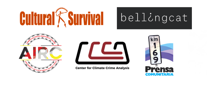Logos of center for climate crime analysis, bellingcat, cultural survival, prensa, and american indian resource center